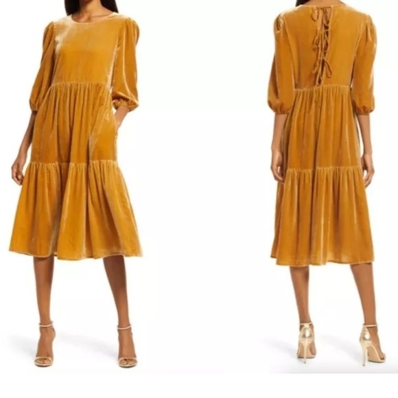 Charles Henry Dresses & Skirts - Charles Henry Dress Womens Extra Small Gold Velvet Tie-Back Midi Cottage Priaire